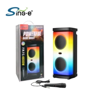 SING-E ZQS4298 Mini USB Charging Outdoor Karaoke Speaker Dual 4 - Hermy Electro Tunisie l'enceinte karaoké portable SING-E ZQS4298. Marque et Modèle : SING-E ZQS4298. Fonctionnalités : Comprend un microphone filaire et des lumières LED RVB. Technologie : Connectivité Bluetooth 5.0. Puissance et Basses : Annoncée avec une puissance P.M.P.O. de 4800W et un renforcement des basses.